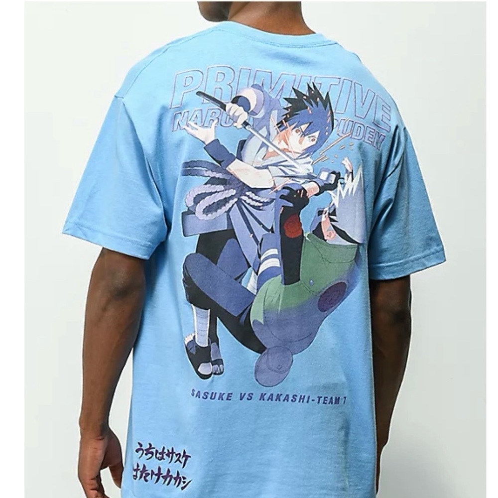 Primitive Light Blue Naruto Graphic Tee - Sasuke vs Kakashi Back Print Large